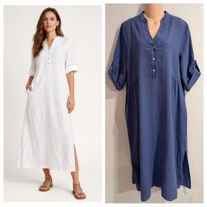 Francesca Bettini Italy Linen Cotton Midi Blue Dress Button Front Pockets size L